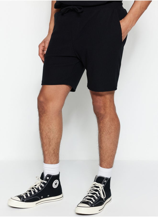 trendyol Basic Black Regular Cut Medium Length Lace Up Textured Wrinkle Resistant Ottoman Shorts  - Image 5
