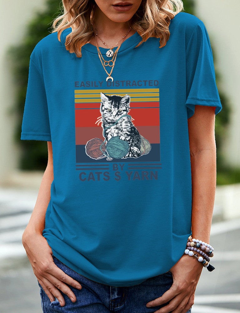 wish independent station EASILY DISTRACTED cat pattern printed short sleeve t-shirt women - Image 1