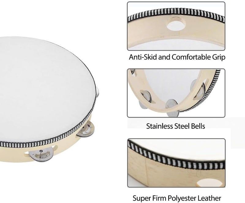 JAVIK Tambourine Hand Held Drum Music Instruments (8 inch Natural) - Image 2