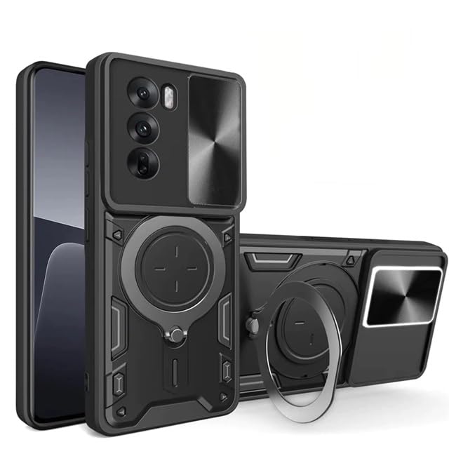SPAZY CASE® realme 14X 5G / P3x 5G / Realme Narzo 80x 5G Back Case | Hybrid Case with 360 Degree Rotating Finger Ring Holder + Slider Shutter Camera Protection Cover - Black - Image 1