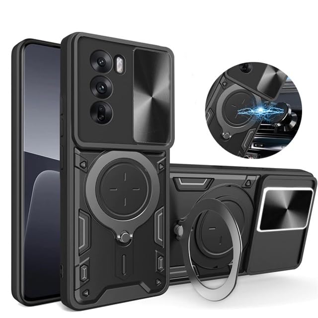 SPAZY CASE® realme 14X 5G / P3x 5G / Realme Narzo 80x 5G Back Case | Hybrid Case with 360 Degree Rotating Finger Ring Holder + Slider Shutter Camera Protection Cover - Black - Image 2