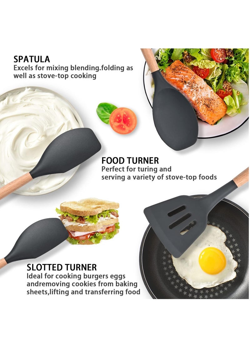 Kitchen ware 12Pcs Silicone Spatula Set Silicone Cooking Utensil Set Silicone Kitchen Utensil Set Wooden Handles Utensils Tool for Nonstick Cookware Rubber Spatula Set Heat-Resistant Spatula - Image 2