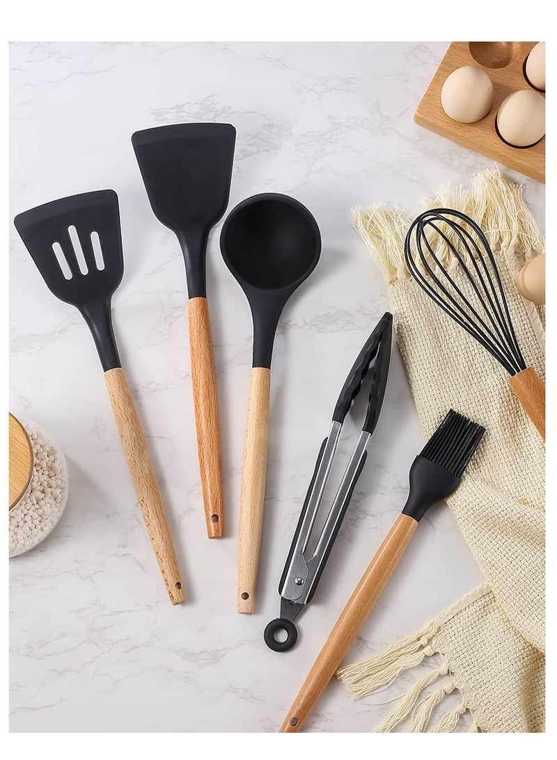 Kitchen ware 12Pcs Silicone Spatula Set Silicone Cooking Utensil Set Silicone Kitchen Utensil Set Wooden Handles Utensils Tool for Nonstick Cookware Rubber Spatula Set Heat-Resistant Spatula - Image 5
