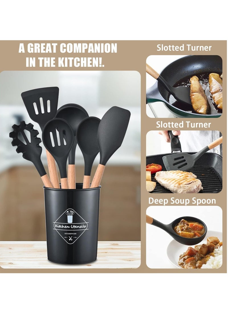 Kitchen ware 12Pcs Silicone Spatula Set Silicone Cooking Utensil Set Silicone Kitchen Utensil Set Wooden Handles Utensils Tool for Nonstick Cookware Rubber Spatula Set Heat-Resistant Spatula - Image 3