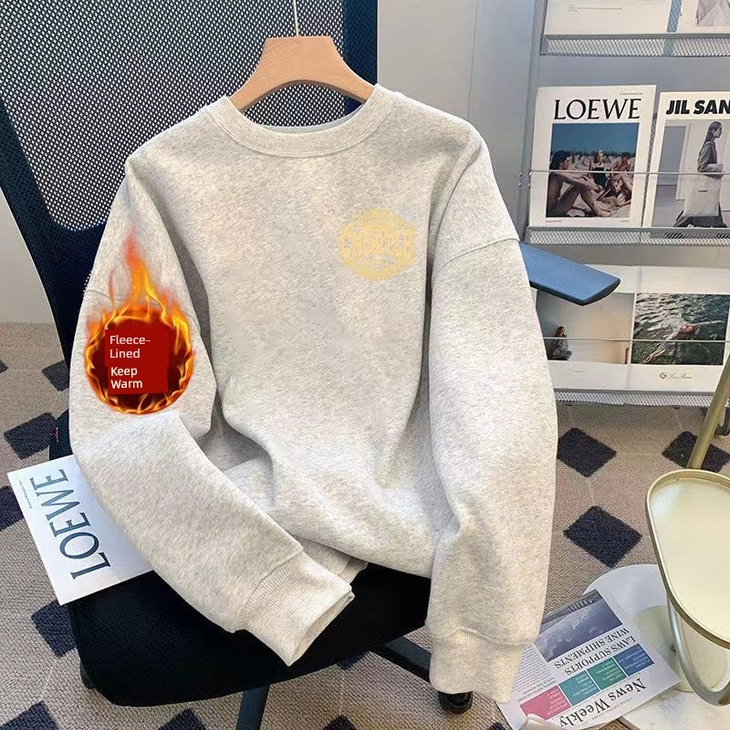 Autumn and winter new fashion brand pure cotton round neck hoodie men's casual loose and versatile printed top inner wear long sleeves - Image 2