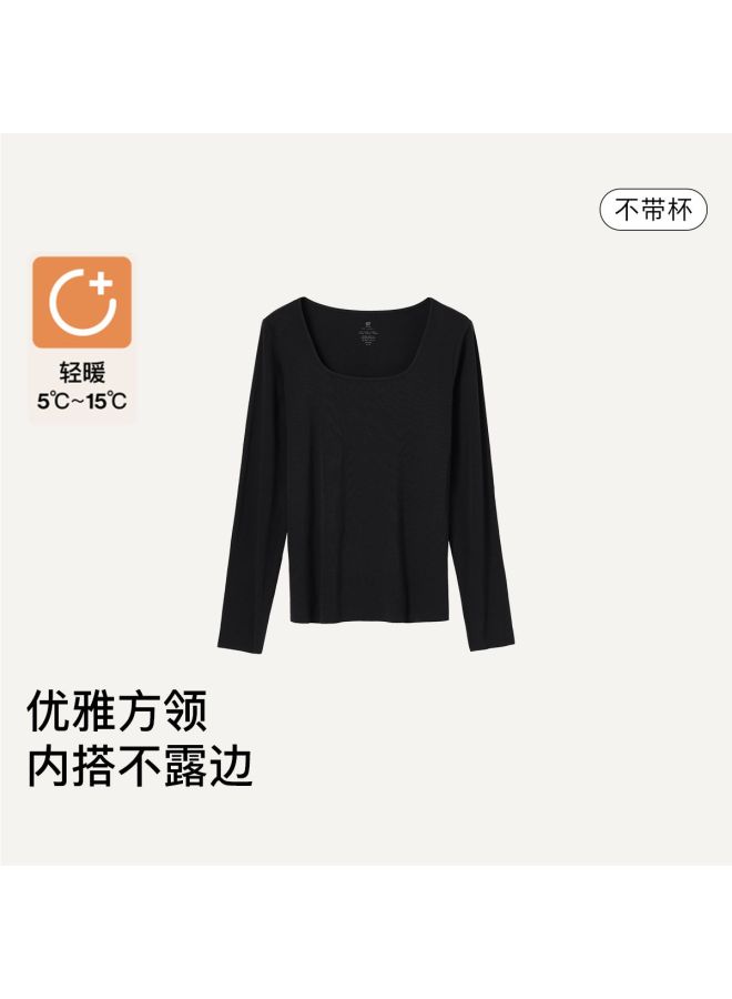 ubras [Solid Color Versatile] Square Neck Silk Wool Base Layer Long Sleeve Top For Women, Summer - Image 3