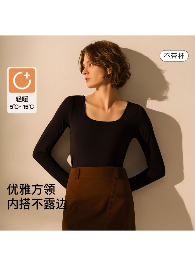 ubras [Solid Color Versatile] Square Neck Silk Wool Base Layer Long Sleeve Top For Women, Summer - Image 2