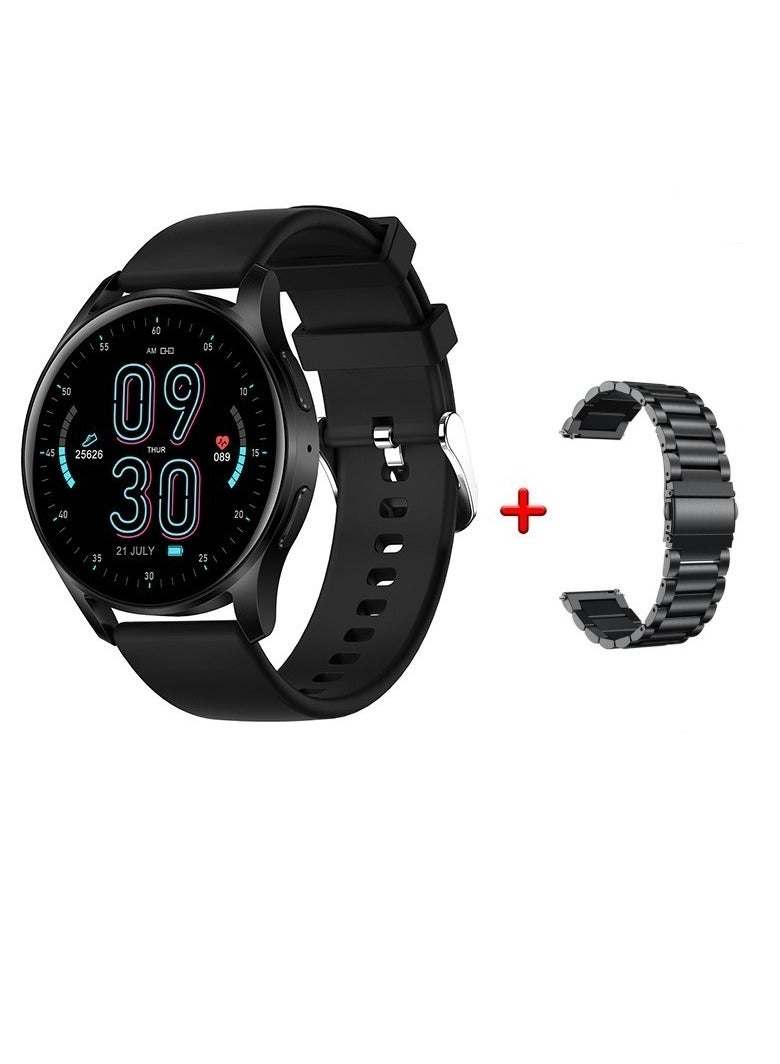 ساعة ذكية لمراقبة الصحة بالصوت من AI، ساعة معصم ذكية مقاومة للماء مع مكالمات بلوتوث، شاشة لمس كاملة، ساعة لياقة بدنية لاسلكية مع جراب من ألياف الكربون، (قطعة واحدة، سيليكون أسود مع حزام فولاذي صلب) - Image 1