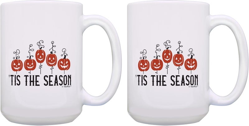 ThisWear Halloween Coffee Mug Tis the Season Jack o Lanterns 2 Pack 15oz Ceramic Coffee Mug Set - Image 1