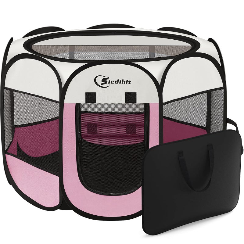 Siedihit Pink Puppy Playpen for Middle Dog Cat, Dog Tent Crates Cage Indoor/Outdoor, Portable Pop Up Dog Kennel with Carrying Bag for Rabbits, Removable Top (Pink, Medium (36" x 36" x 23")) - Image 1