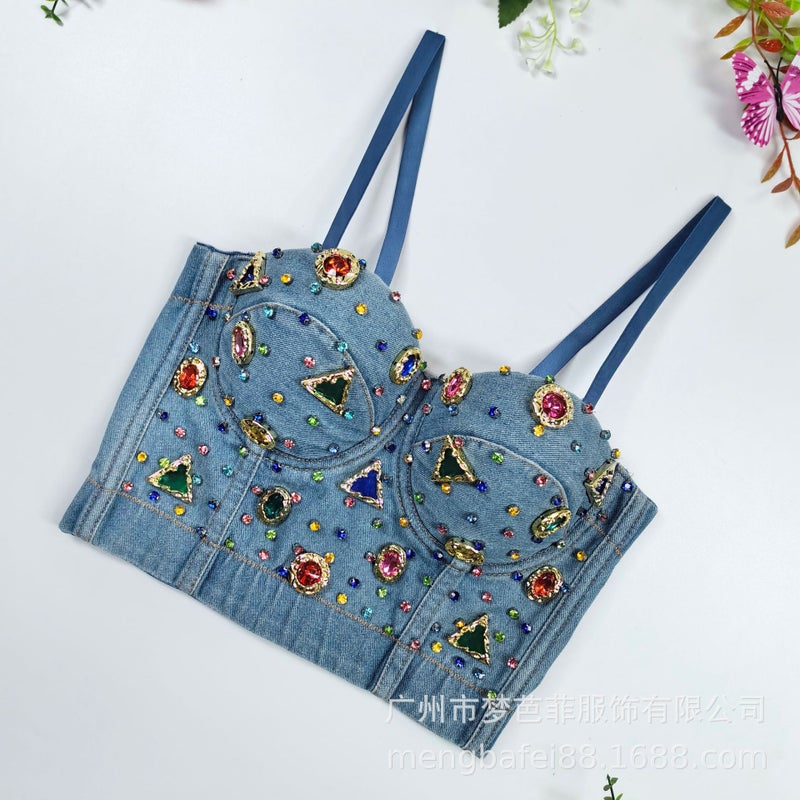 Metal Vintage Gem Colored Diamond Denim Fishbone Corset One-Piece Cup Body Shaping Stage Performance Sling Top - Image 4