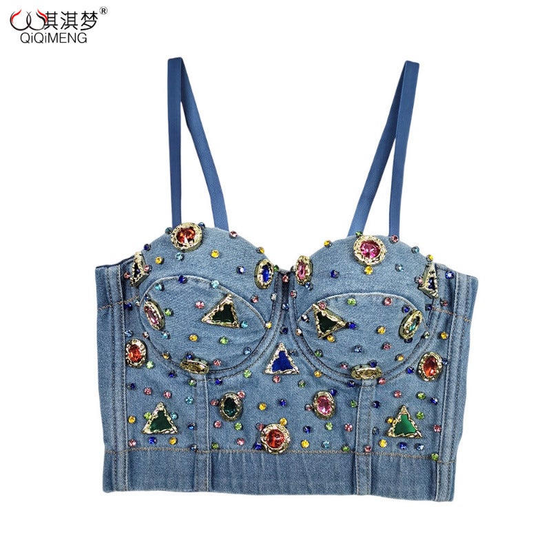 Metal Vintage Gem Colored Diamond Denim Fishbone Corset One-Piece Cup Body Shaping Stage Performance Sling Top - Image 2