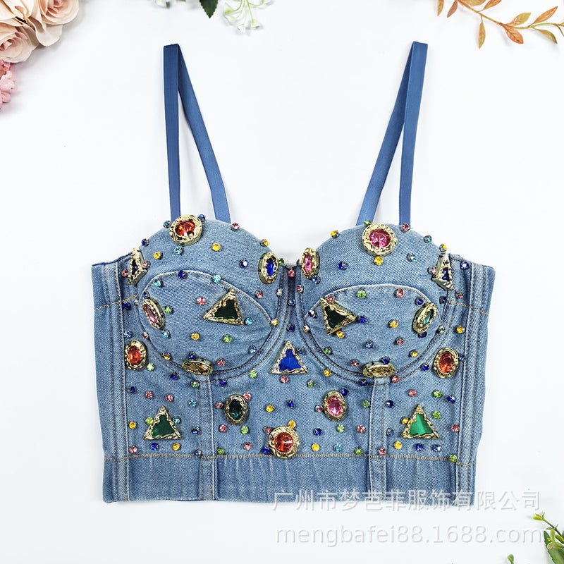 Metal Vintage Gem Colored Diamond Denim Fishbone Corset One-Piece Cup Body Shaping Stage Performance Sling Top - Image 1