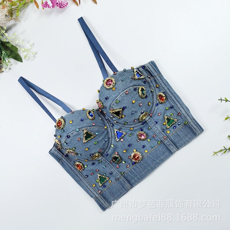 Metal Vintage Gem Colored Diamond Denim Fishbone Corset One-Piece Cup Body Shaping Stage Performance Sling Top - Image 5