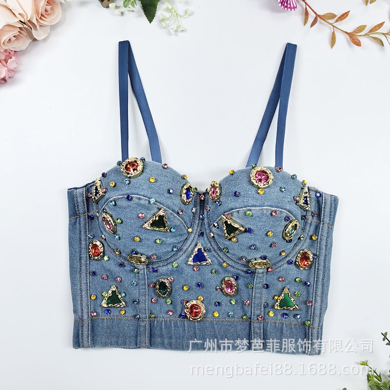 Metal Vintage Gem Colored Diamond Denim Fishbone Corset One-Piece Cup Body Shaping Stage Performance Sling Top - Image 3