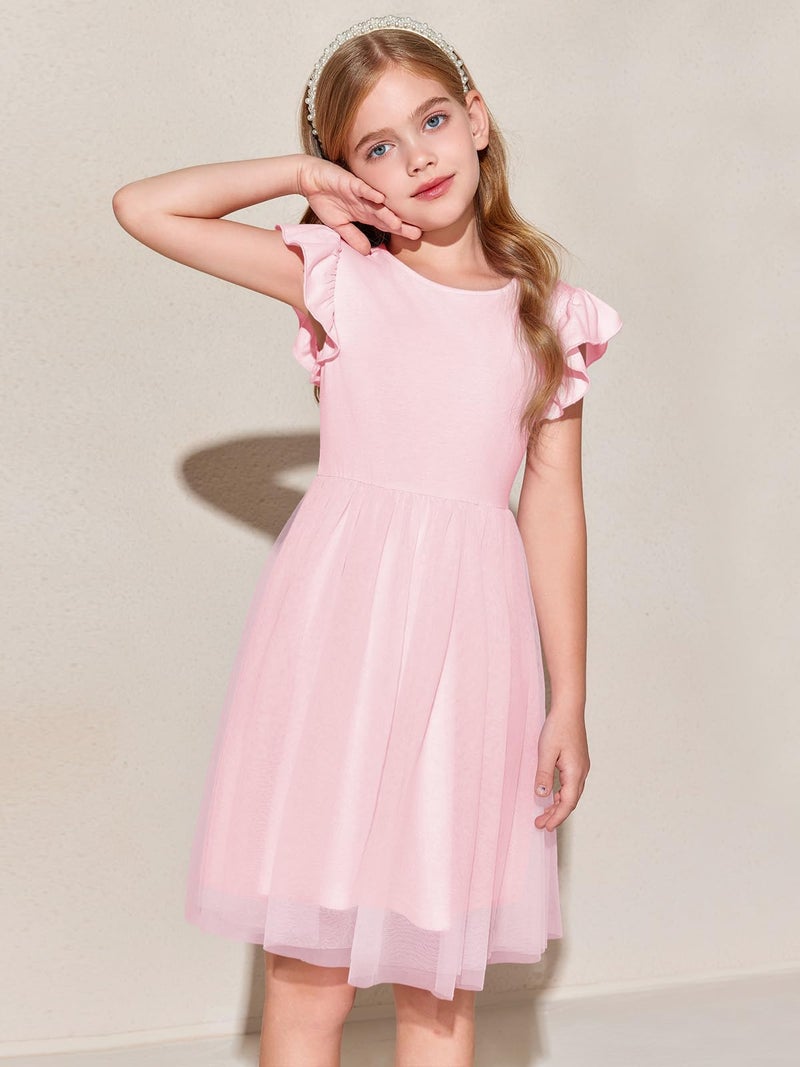 Haloumoning Girls Tutu Dress Ruffle Short Sleeve Fluffy Summer Party Tulle Dress for Kids 5-14Y Pink - Image 4