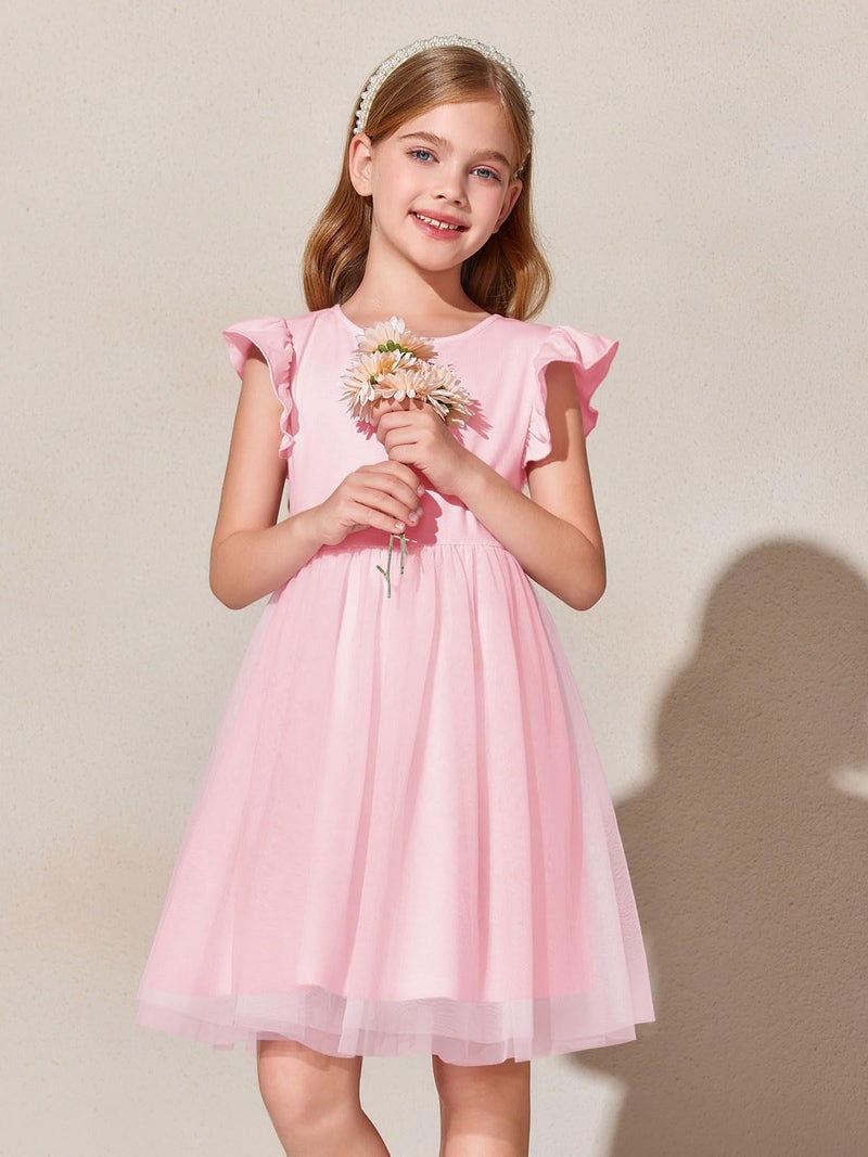 Haloumoning Girls Tutu Dress Ruffle Short Sleeve Fluffy Summer Party Tulle Dress for Kids 5-14Y Pink - Image 3