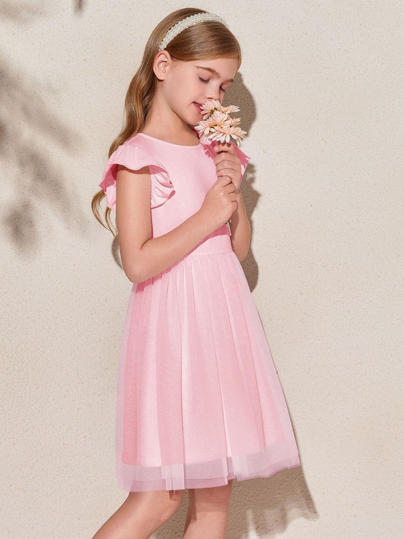 Haloumoning Girls Tutu Dress Ruffle Short Sleeve Fluffy Summer Party Tulle Dress for Kids 5-14Y Pink - Image 5