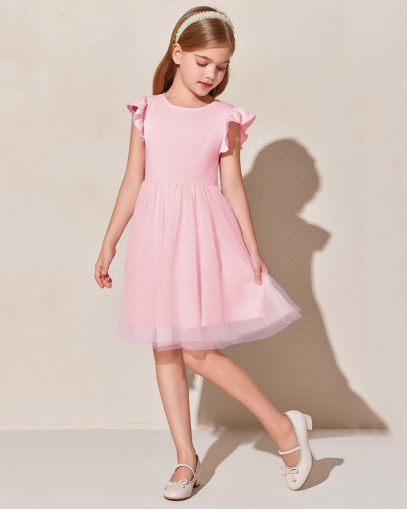 Haloumoning Girls Tutu Dress Ruffle Short Sleeve Fluffy Summer Party Tulle Dress for Kids 5-14Y Pink - Image 2