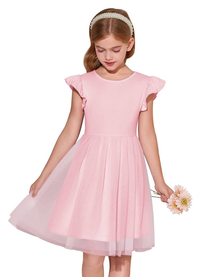 Haloumoning Girls Tutu Dress Ruffle Short Sleeve Fluffy Summer Party Tulle Dress for Kids 5-14Y Pink - Image 1