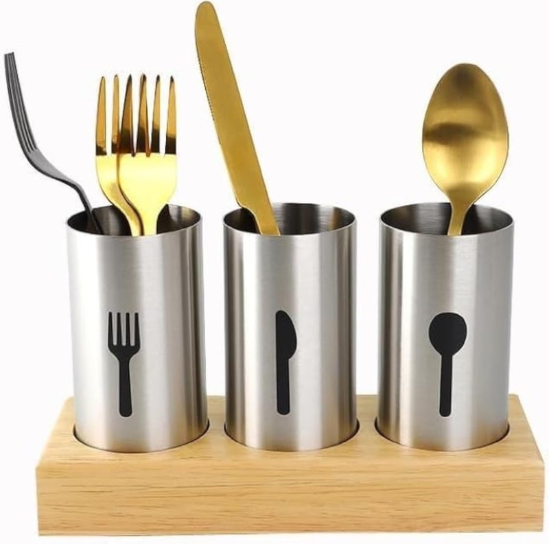 Utensil Holder Stainless Steel Cutlery Organizer with Bamboo Base, Flatware Caddy for Forks, Knives & Spoons, Kitchen Counter Storage