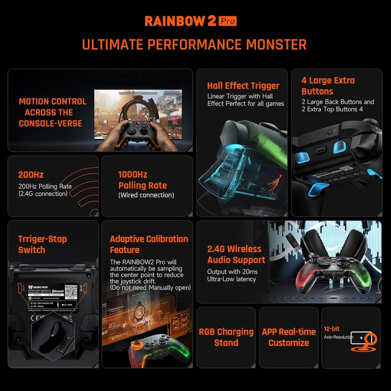 BIGBIG WON PC Controller, Wireless Controller Motion Control, Hall Trigger, ALPS Joystick, 3.5mm Audio, Gaming Controller for PC Windows/Android/iOS/Switch Pro Controller (Rainbow 2 Pro&Charging Dock) - Image 2