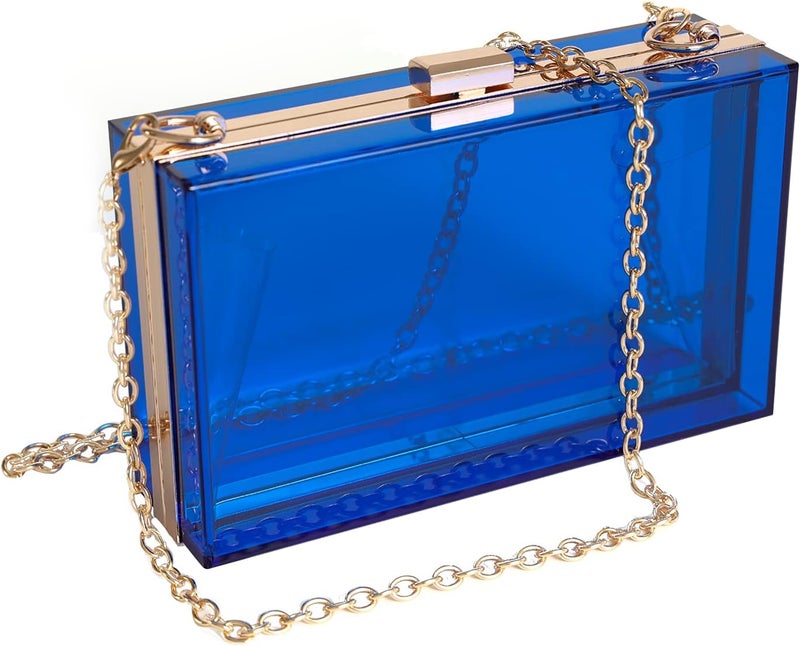 WJCD Women Clear Purse Acrylic Box Clutch Handbag, Small Transparent Crossbody Evening Bag Stadium Approved Gold Chain Strap - Image 1