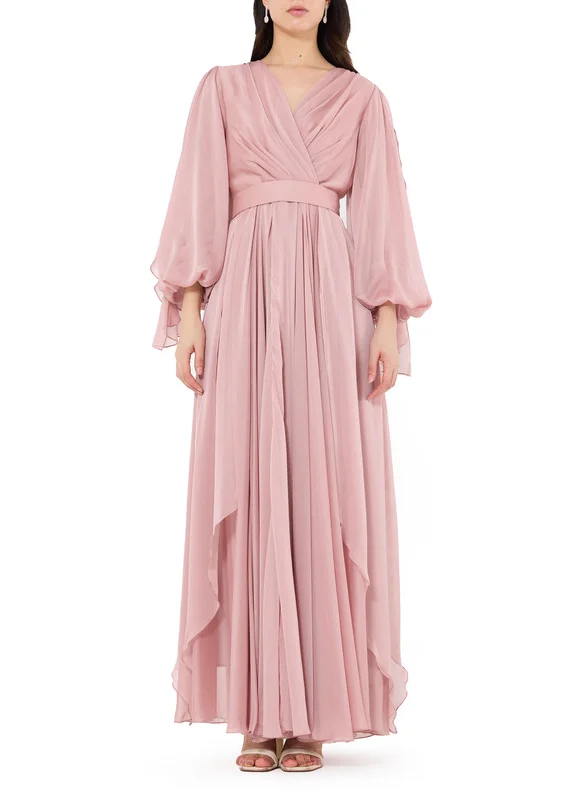 امري V-neck Chiffon Wrapped Dress with Gathered Bishop Sleeves and Secured Waist Belt