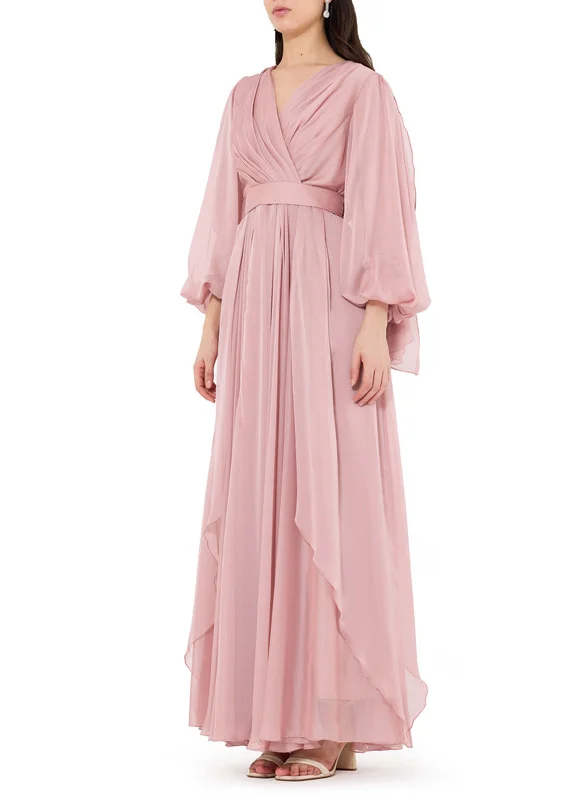 Amri V-neck Chiffon Wrapped Dress with Gathered Bishop Sleeves and Secured Waist Belt