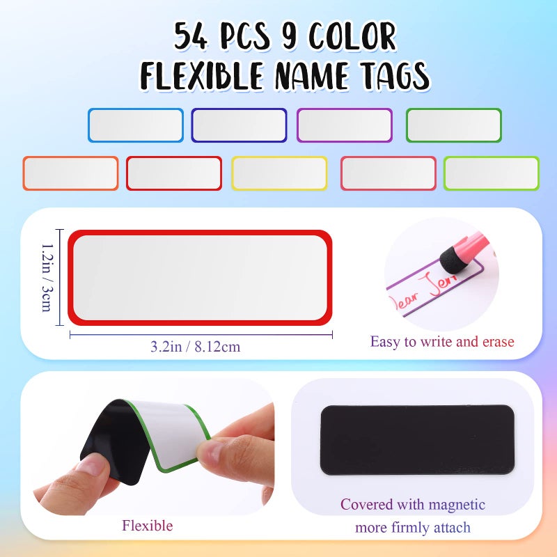 Fainne 12 Roll 1/8 Whiteboard Thin Tape with 54 Magnetic Dry Erase Label Name Plate Tag Magnetic Name Tag Pinstriping Tape for Back to School Office Supplies(Colorful) - Image 3