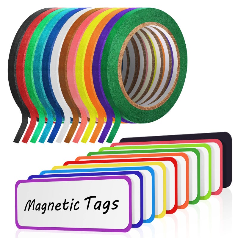 Fainne 12 Roll 1/8 Whiteboard Thin Tape with 54 Magnetic Dry Erase Label Name Plate Tag Magnetic Name Tag Pinstriping Tape for Back to School Office Supplies(Colorful) - Image 1