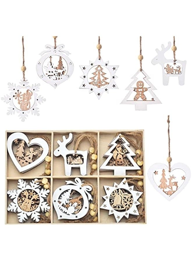 Christmas Tree Ornaments Set of 24 Wooden Craved Hanging Craft Decorations for Winter Wonderland, 3D Rustic Farmhouse Christmas Ornaments Holiday Decor for Christmas Tree Home Office (White) - Image 1