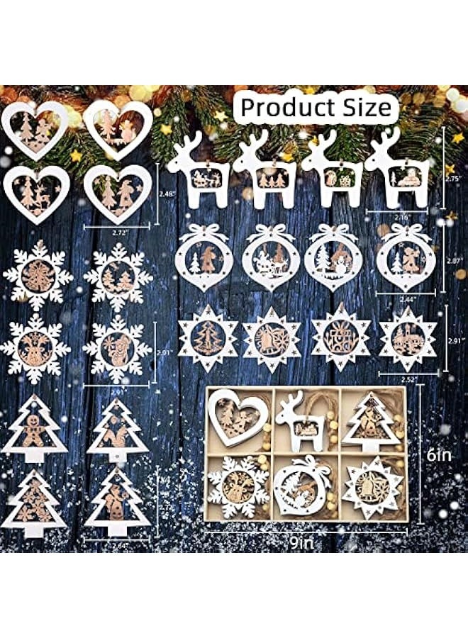 Christmas Tree Ornaments Set of 24 Wooden Craved Hanging Craft Decorations for Winter Wonderland, 3D Rustic Farmhouse Christmas Ornaments Holiday Decor for Christmas Tree Home Office (White) - Image 4