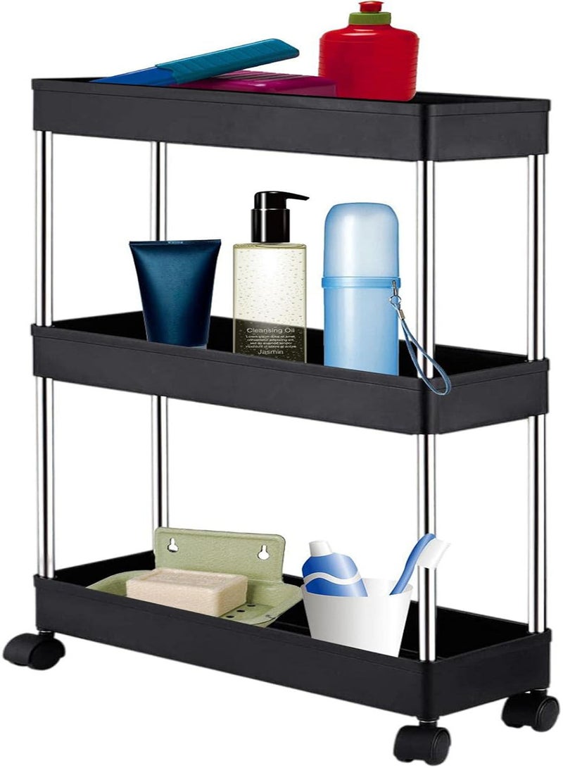 GGOOT 3 Tier Rolling Cart, Bathroom Rolling Utility Cart, Narrow Storage Shelves On Wheels, Slide Out Organizer For Narrow Places, Easy Assembly - Image 1