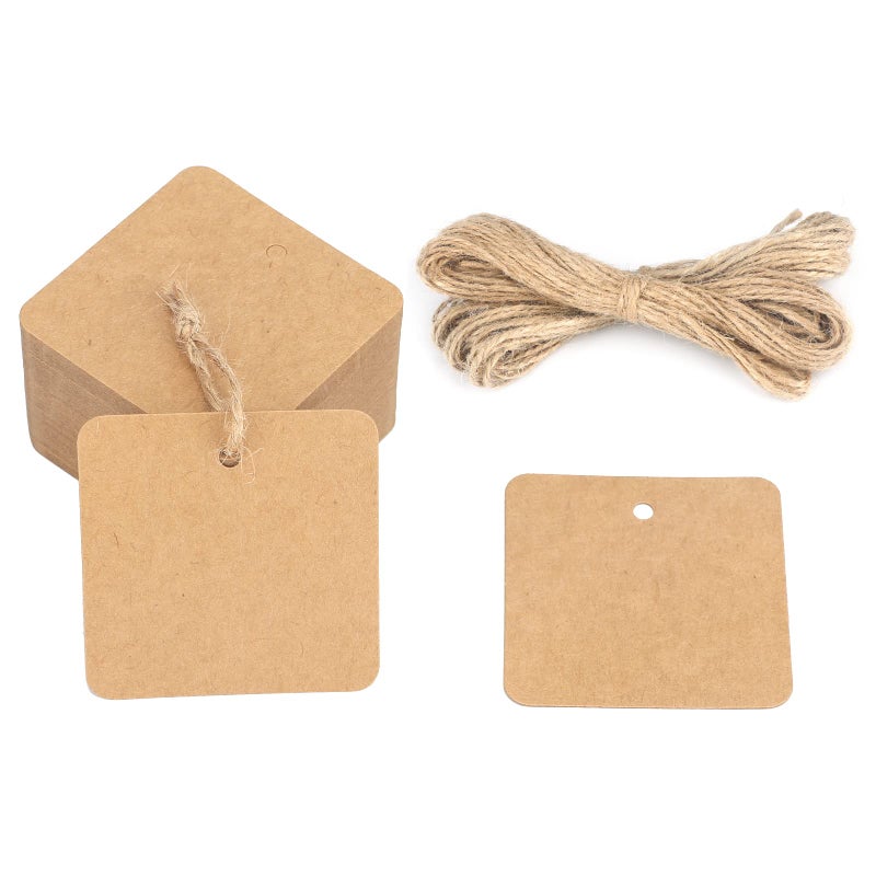 G2PLUS Kraft Paper Gift Tags with String 100PCS Brown Square Tags 22x22 inches Blank Hang Label Tag for Gift Wrapping Pricing DIY Arts and Crafts Christmas Wedding Party Favors