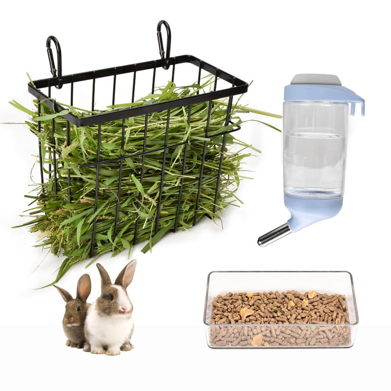 S SANGLE SOPFFY SANGLE SOPFFY Rabbit hay Feeder Small Animal Feeding Set with 350ml Water Bottle, Hay Rack, Pellet Dish for Guinea Pigs, Chinchillas, Bunny- Multifunctional Pellet Food Bowl Dispenser - Image 1
