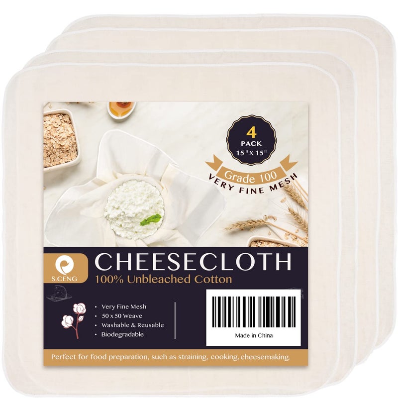 S.CENG Precut Cheesecloth, 15 x 15'' 4 Pack, Grade 100, Ultra Fine for Straining & Cooking, 100% Unbleached Cotton Cheese Cloth for Making Cheese - Image 1