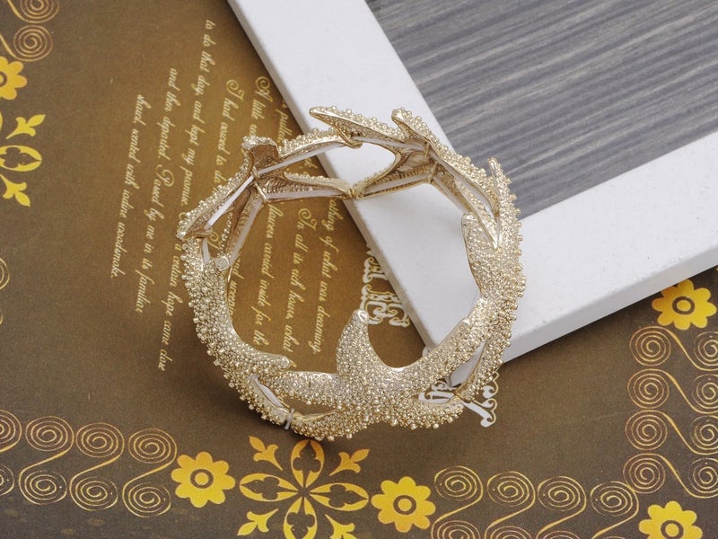 Alilang Womens Shiny Textured Starfish Stretch Bangle Cuff Statement Bracelet, Gold - Image 2