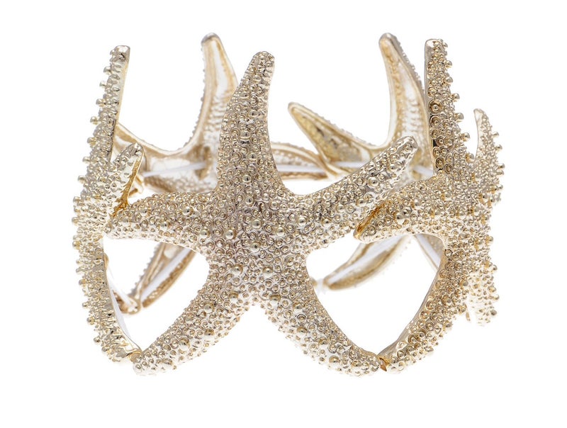 Alilang Womens Shiny Textured Starfish Stretch Bangle Cuff Statement Bracelet, Gold - Image 1