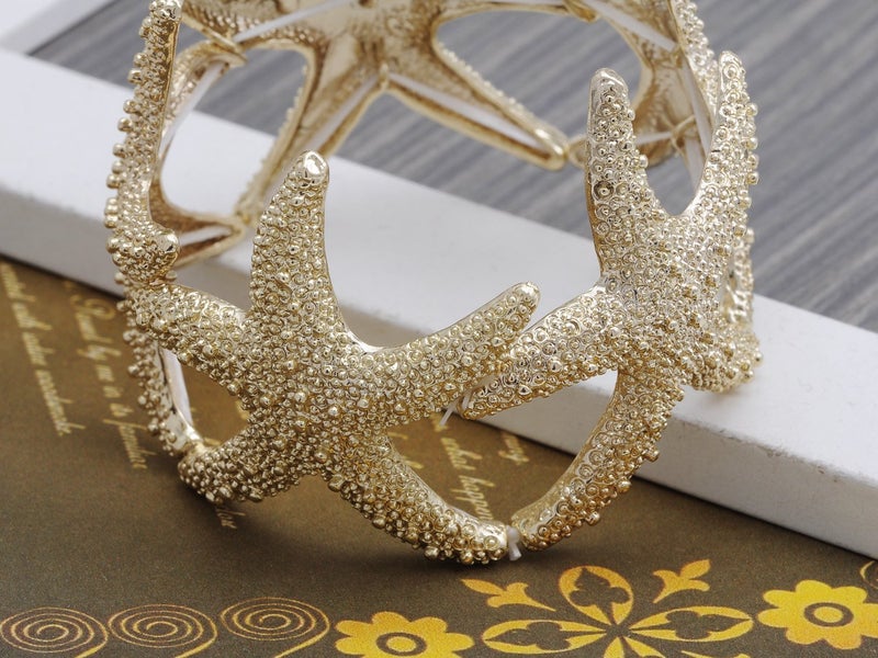 Alilang Womens Shiny Textured Starfish Stretch Bangle Cuff Statement Bracelet, Gold - Image 4