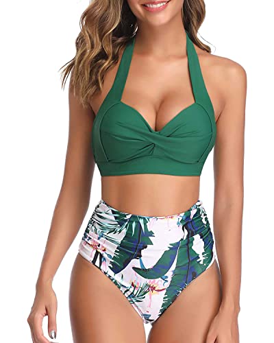 Tempt Me Women's Vintage Swimsuits Green Retro Halter Ruched High Waist Bikini with Bottom M - Image 1