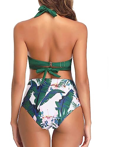 Tempt Me Women's Vintage Swimsuits Green Retro Halter Ruched High Waist Bikini with Bottom M - Image 5