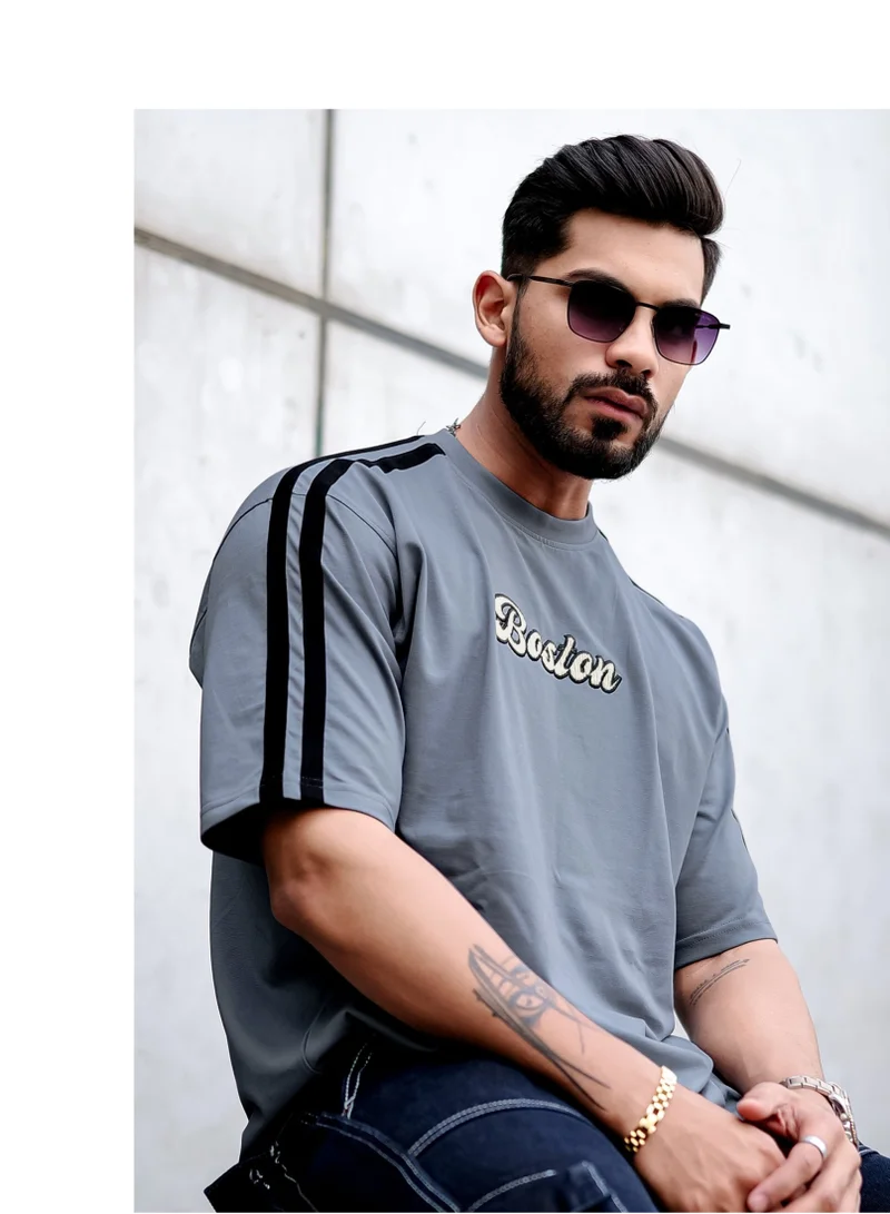 Maniac  Maniac Mens Printed Round Neck 3/4th Sleeve Light Grey and Black Cotton Oversized T-Shirt for Men | Best Price UAE