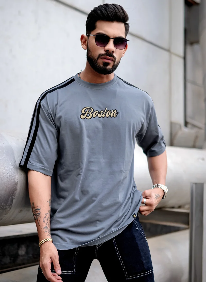 Maniac Mens Printed Round Neck 3/4th Sleeve Light Grey and Black Cotton Oversized T-Shirt