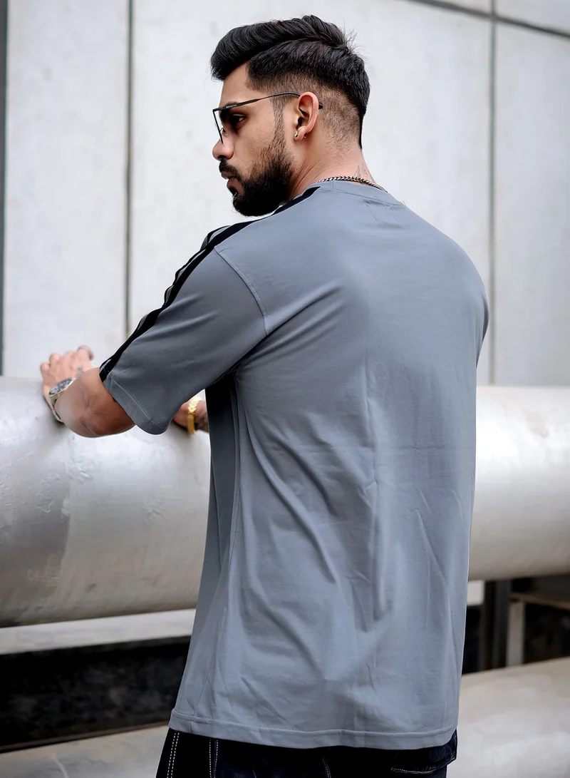 Maniac  Maniac Mens Printed Round Neck 3/4th Sleeve Light Grey and Black Cotton Oversized T-Shirt for Men | Best Price UAE