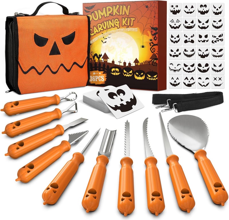 imarku Pumpkin Carving Kit, 36PCS Pumpkin Carving Tools, Professional Pumpkin Carving Knife Set with Stencils & Bag for Beginners, Sharp Pumpkin Carving Gift for Halloween Decoration Jack-O-Lanterns - Image 1