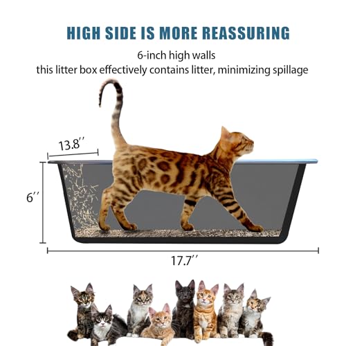 Tondid Stainless Steel Cat Litter Box Metal Medium to Large High Sided Litter Pan Tray Easy to Clean No Stick No Smell Litter Box Toilet for Indoor Kitty Kitten Black 177 x138 x6 - Image 3