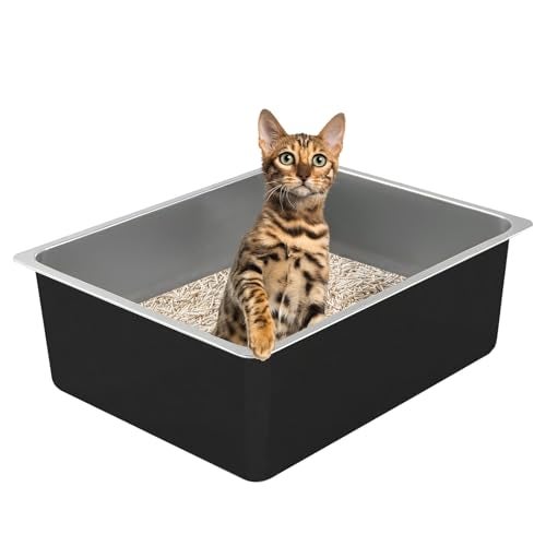 Tondid Stainless Steel Cat Litter Box Metal Medium to Large High Sided Litter Pan Tray Easy to Clean No Stick No Smell Litter Box Toilet for Indoor Kitty Kitten Black 177 x138 x6 - Image 1