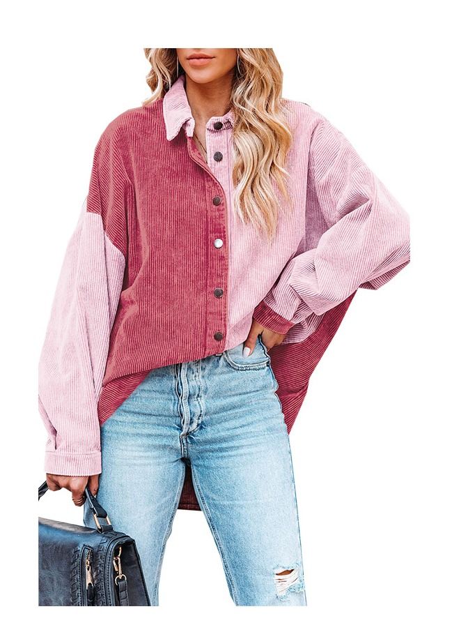 Loquat Autumn And Winter New Patchwork Color Corduroy Loose Casual Shirt 