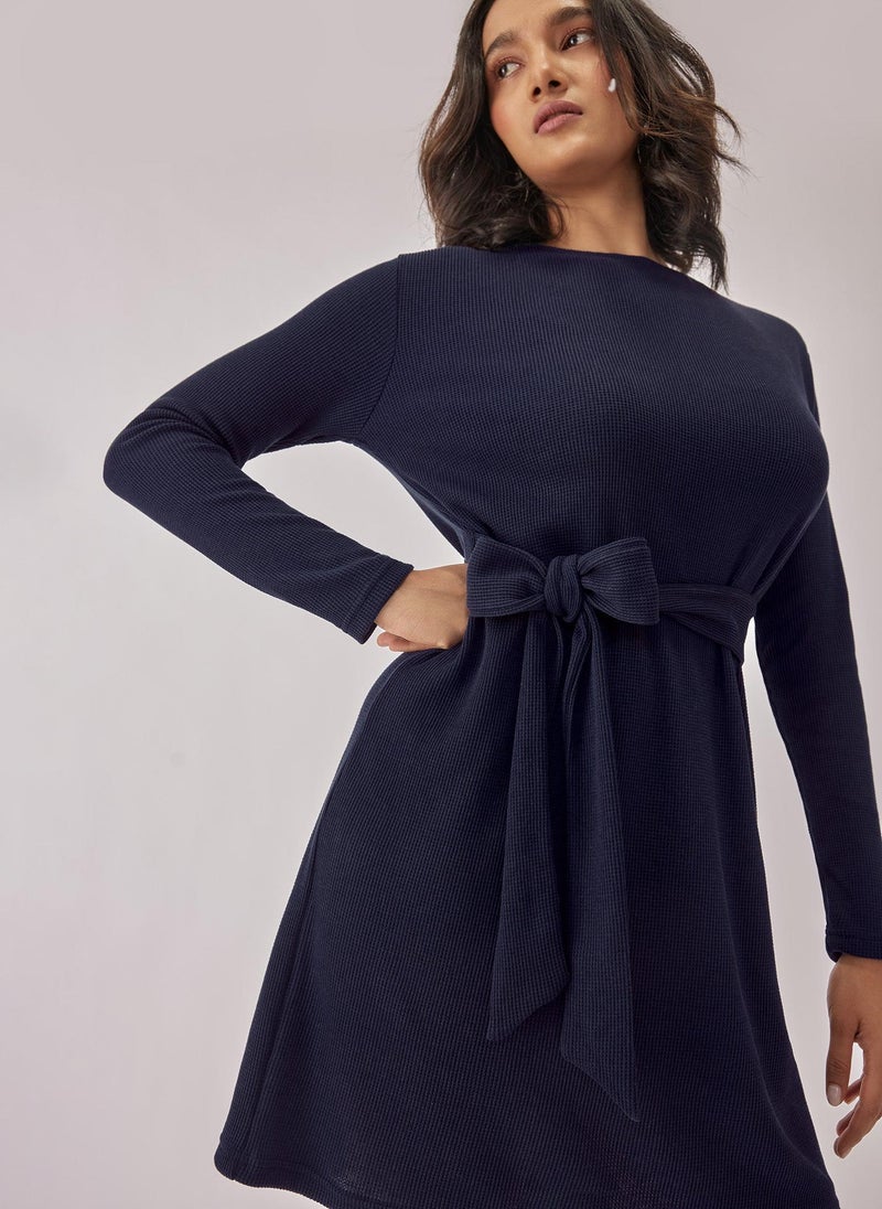The Label Life Navy Textured Self Tie Dress – Chic & Flowy - Image 3